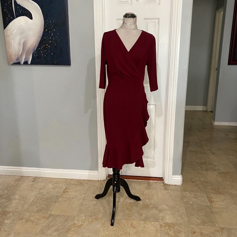 New Women XL Miusol 3/4 Sleeve Burgundy Ruffle Knee length Dress
